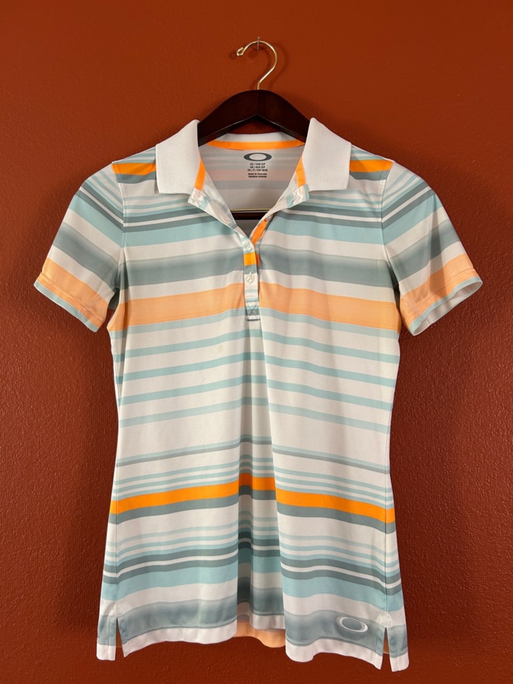 Oakley Women’s Striped Golf Shirt - White, Light Blue & Orange